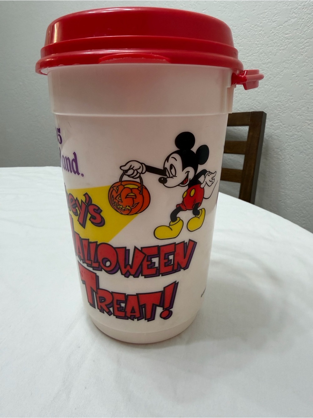 Vintage Disney White Treat Cup with Red Lid and Mickey Halloween Art